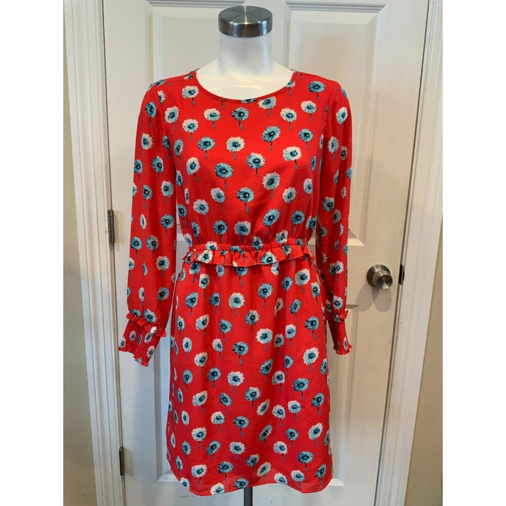 J. Crew Red Dress W/ Blue & White Floral Pattern & Ruffle Waist, Size 2 (US)